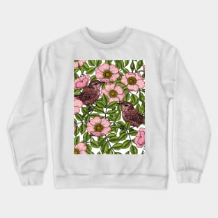 Wrens in the roses on white Crewneck Sweatshirt